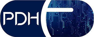 Pharmacists for Digital Health logo with stylized white letters p.d.h. on a dark blue background and a digital circuit pattern on the right