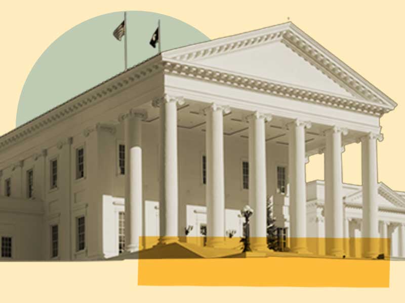 Front view of a neoclassical government building with tall white columns and two flags flying on the roof, shown against a background of geometric shapes