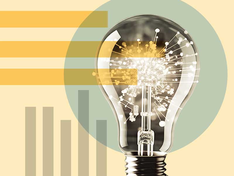 Close-up of a lightbulb glowing with branching points of light inside it, overlaid with horizontal bars and circular geometric shapes